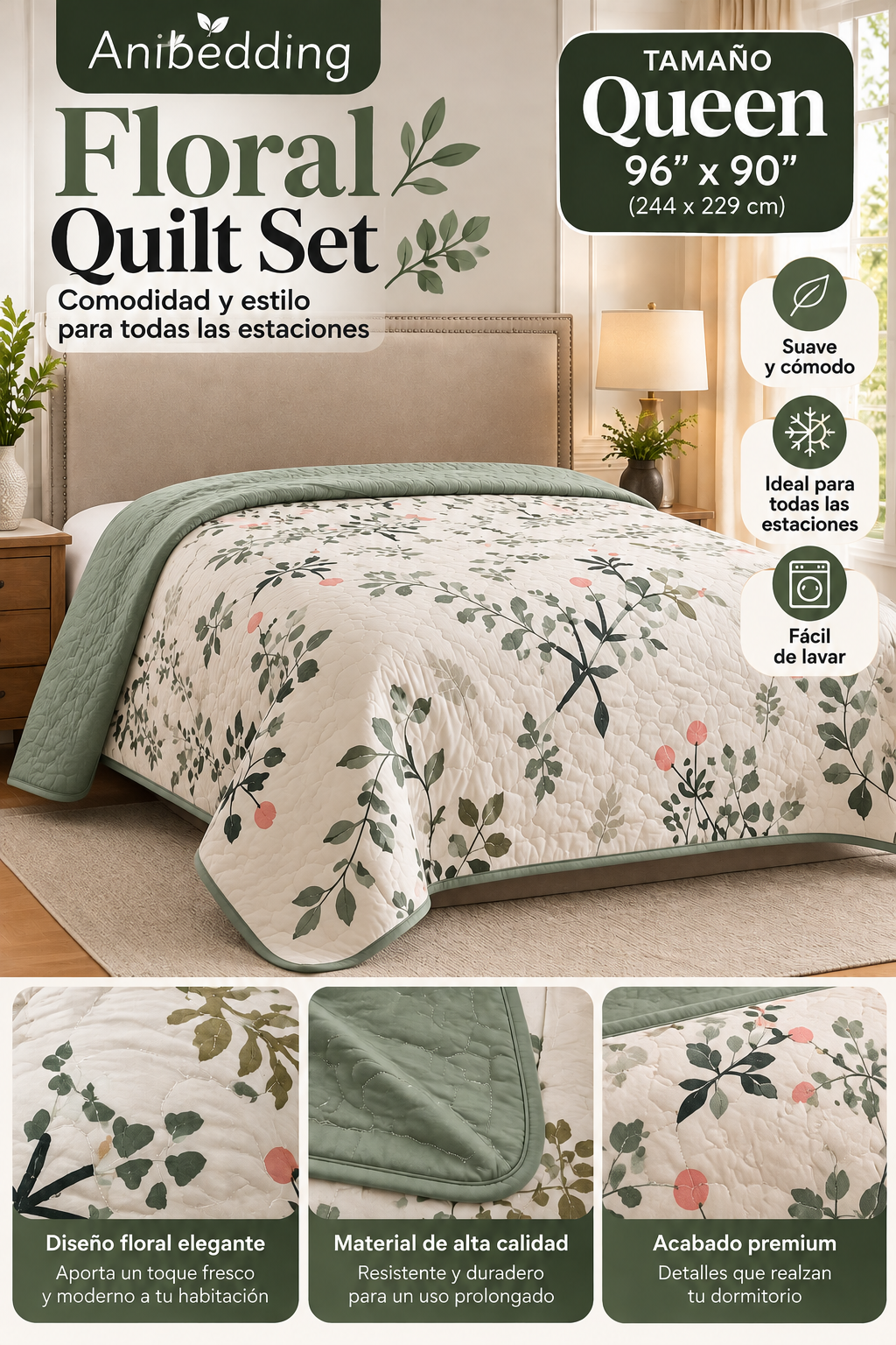 Colcha Floral Anibedding Tamaño Queen 96” x 90” – Diseño Elegante en Verde para Todas las Estaciones