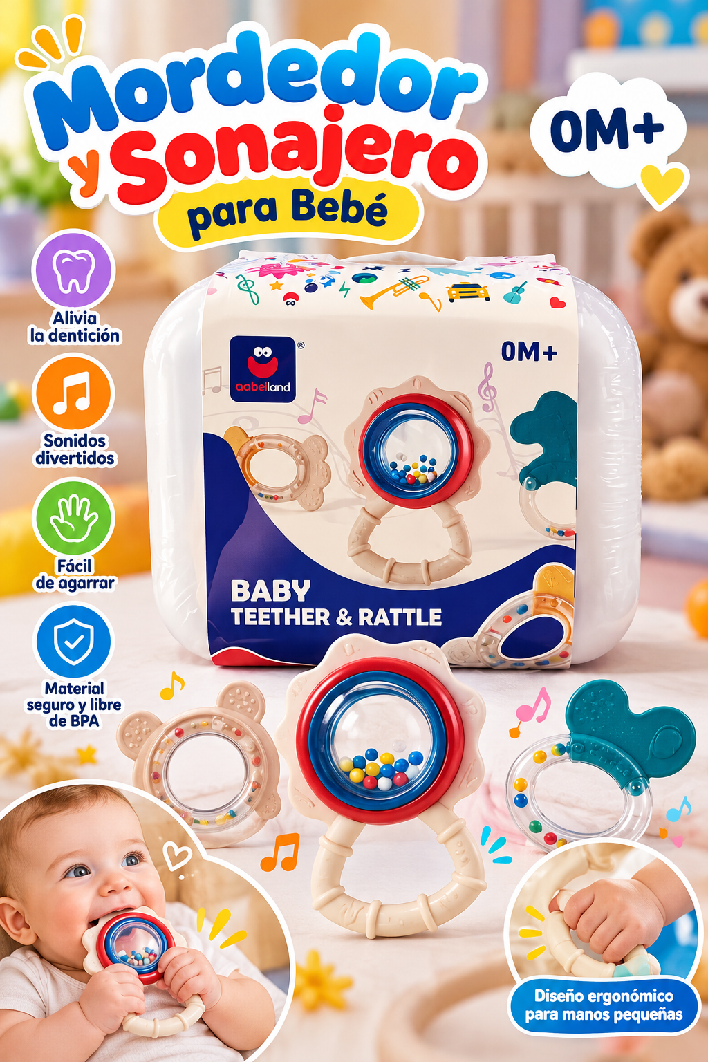 Set de Mordedores y Sonajeros para Bebé Aobelland – Estimulación Sensorial 0M+