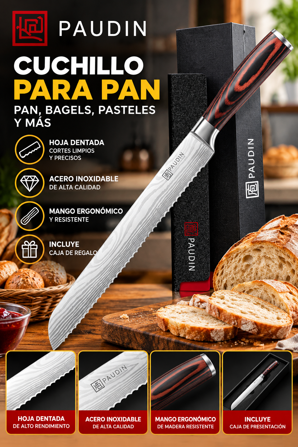 Cuchillo para Pan PAUDIN con Hoja Dentada de Acero Inoxidable, Mango Ergonómico y Caja de Presentación