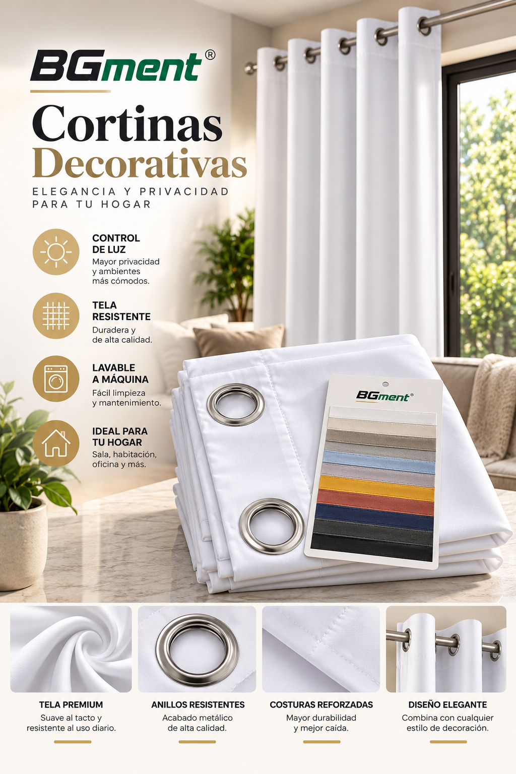 Cortinas Decorativas BGment Blancas con Aros Metálicos – Diseño Elegante para Sala, Dormitorio y Hogar