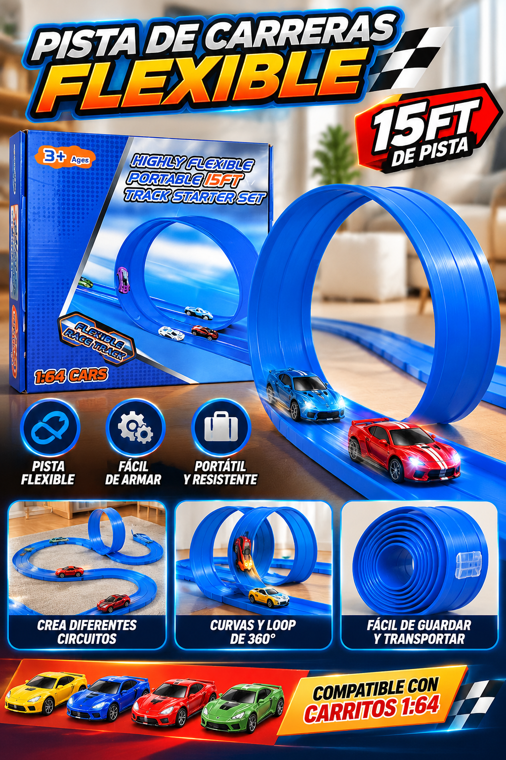 Pista de Carreras Flexible de 15 Pies con Loop de 360° para Carritos a Escala 1:64 – Juego Infantil Portátil