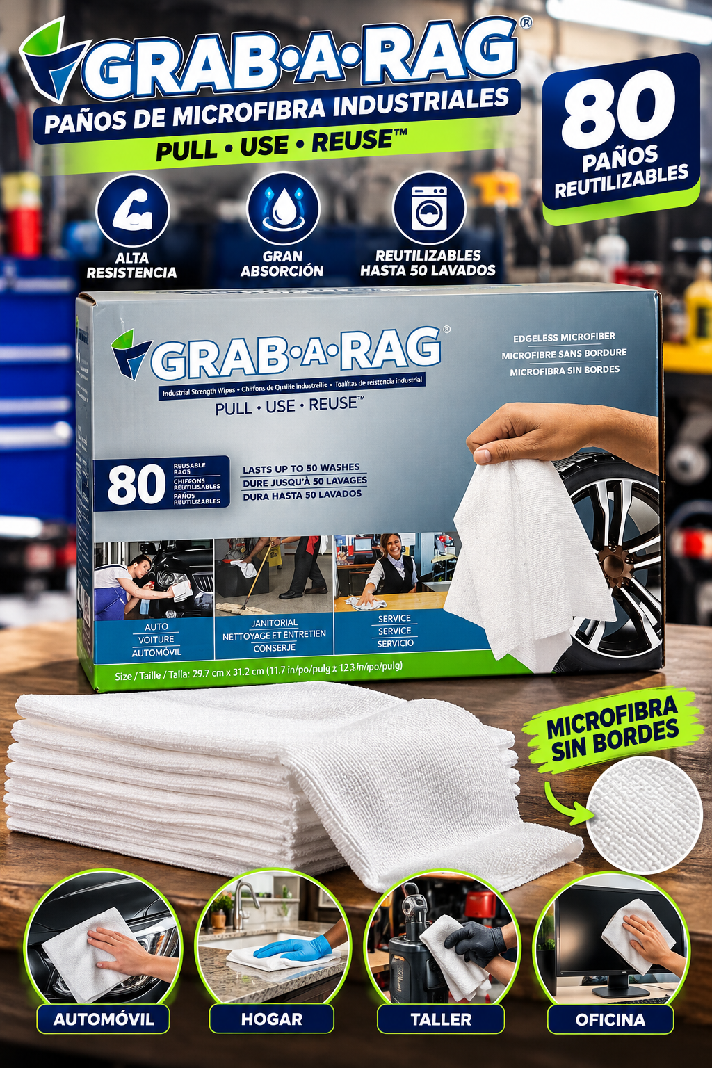 GRAB-A-RAG – Caja de 80 Paños de Microfibra Reutilizables para Limpieza Industrial, Automotriz y Hogar
