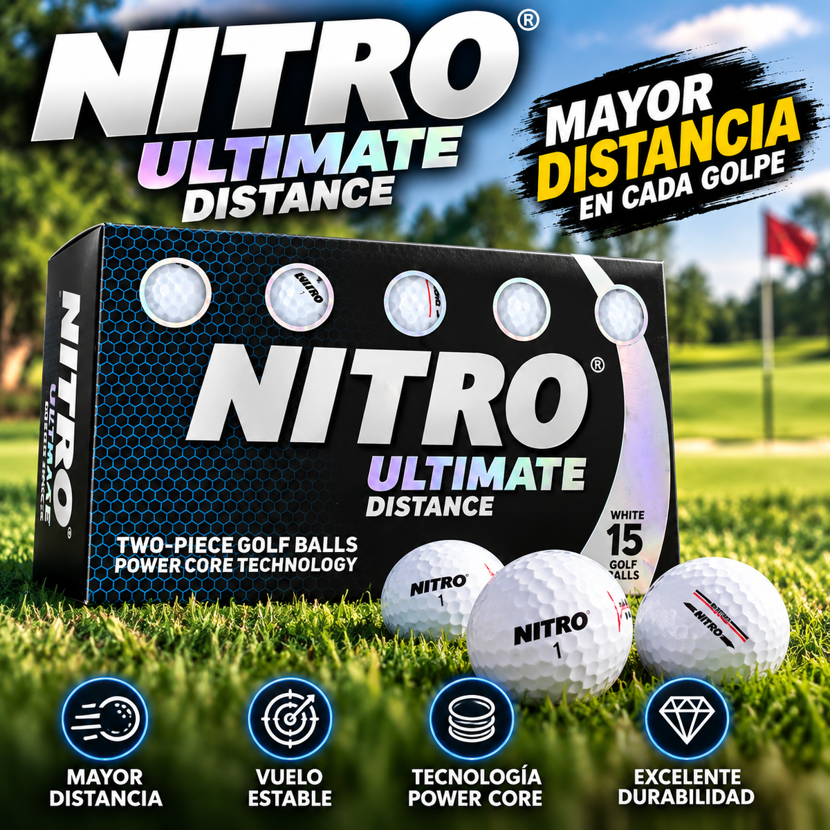 Nitro Ultimate Distance – Set de 15 Bolas de Golf de Alto Rendimiento