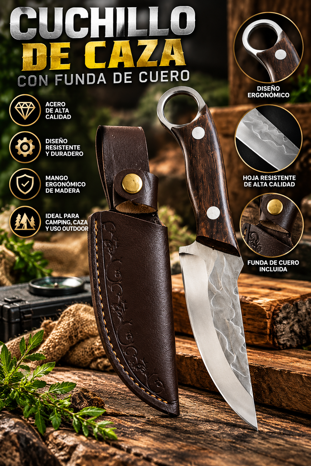 Cuchillo de Caza y Supervivencia con Hoja de Acero, Mango de Madera Ergonómico y Funda de Cuero