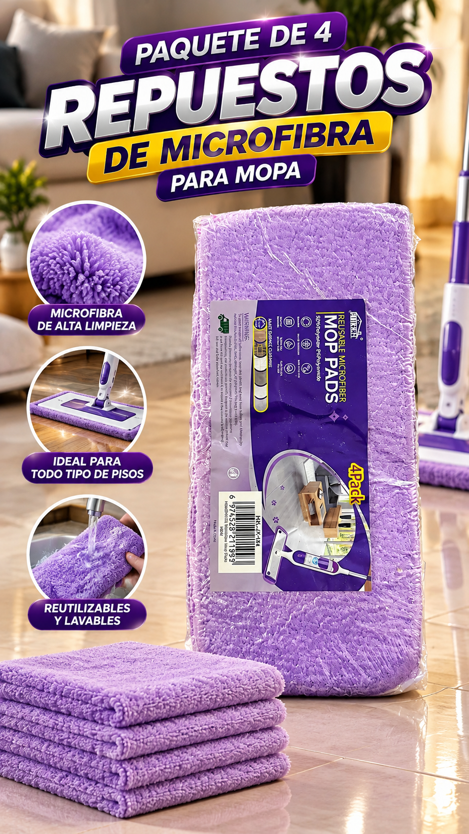 Paquete de 4 Repuestos de Microfibra para Mopa – Paños Reutilizables para Limpieza de Pisos