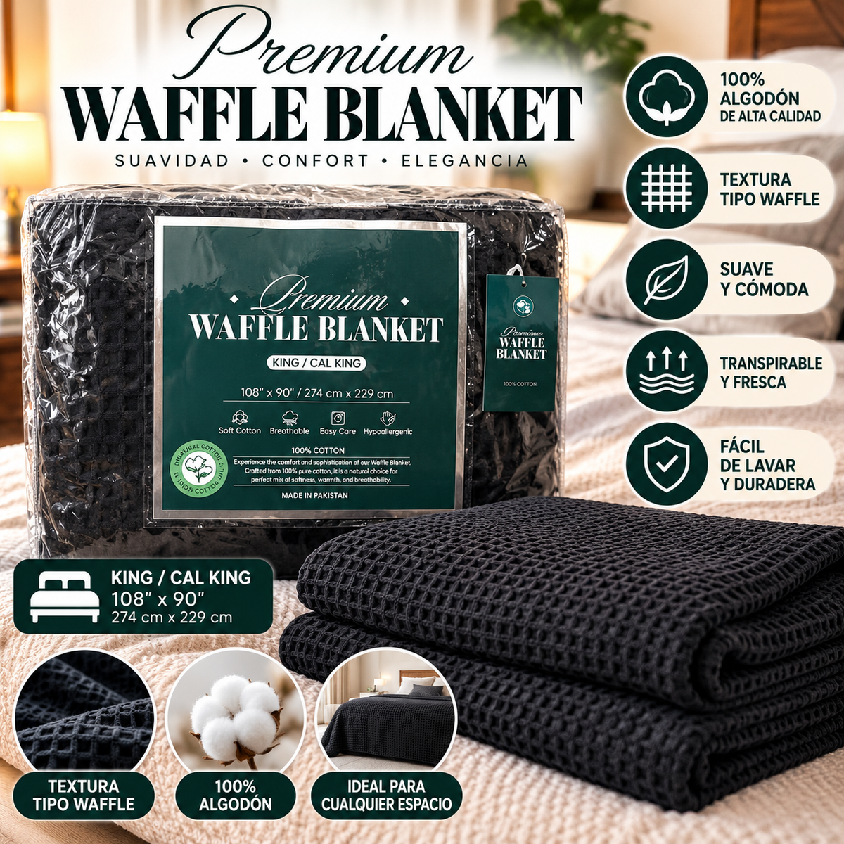 Premium Waffle Blanket King / Cal King – Manta 100% Algodón Suave y Transpirable