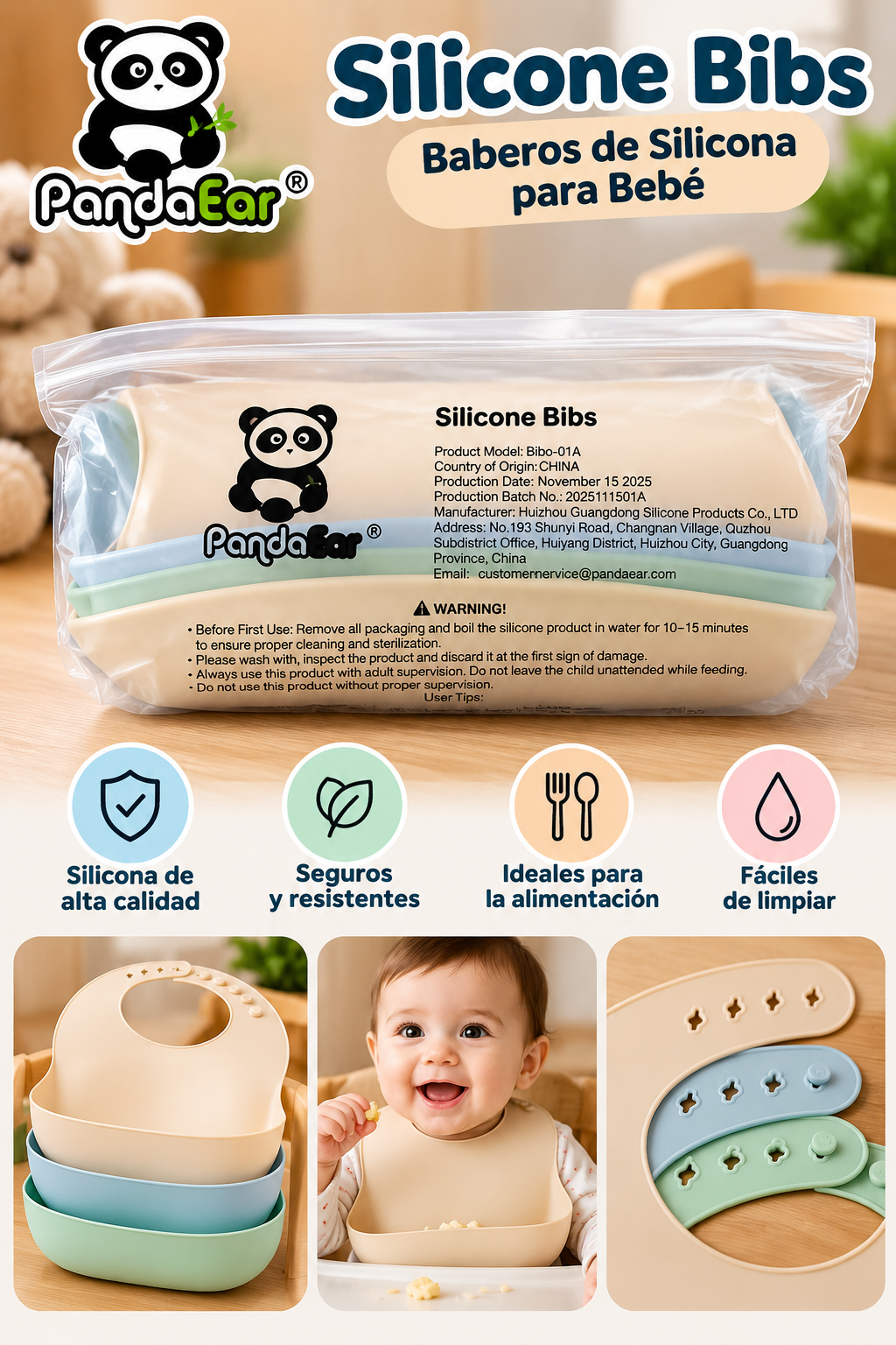 Baberos de Silicona PandaEar para Bebé – Suaves, Ajustables y Fáciles de Limpiar