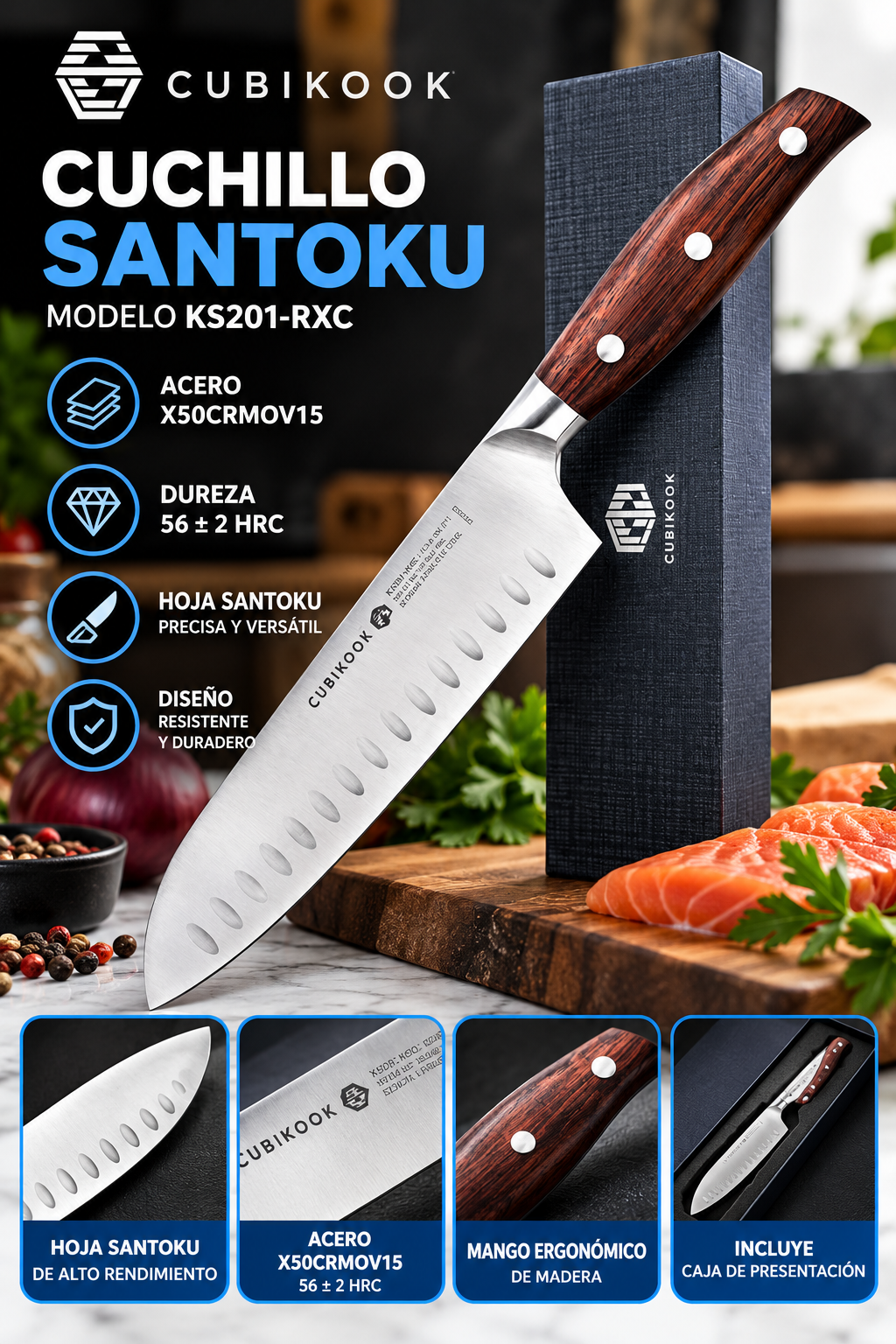 Cuchillo Santoku CUBIKOOK KS201-RXC de Acero Inoxidable Alemán con Mango de Madera y Caja de Presentación