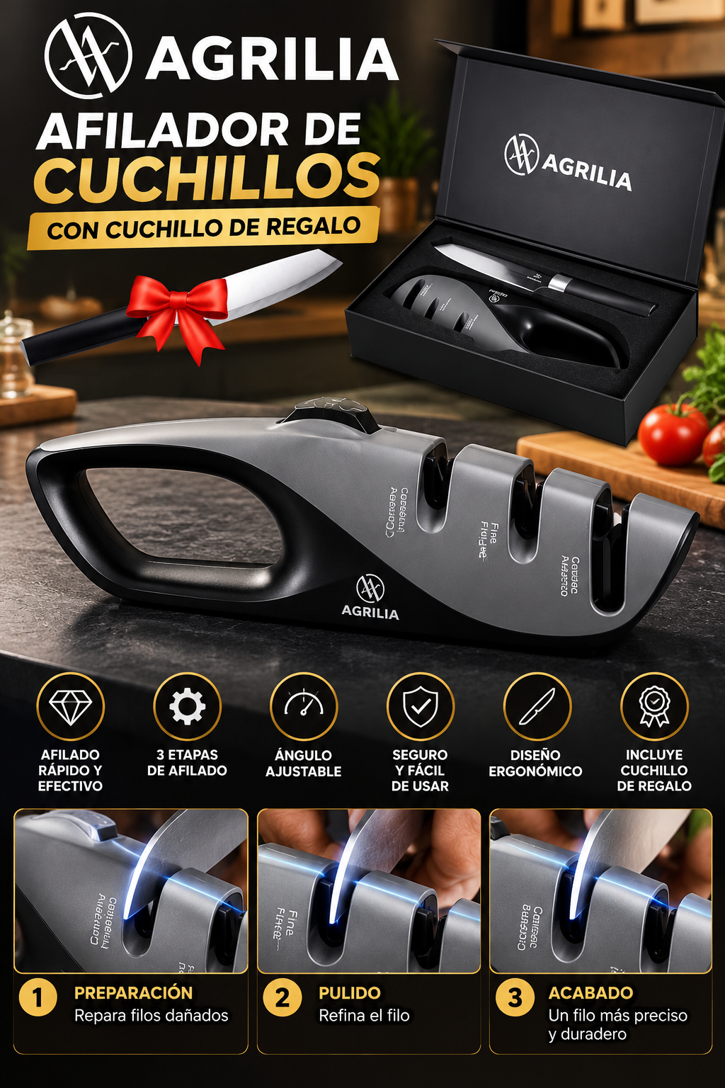 Afilador de Cuchillos AGRILIA de 3 Etapas con Mango Ergonómico, Cuchillo de Regalo y Caja de Presentación