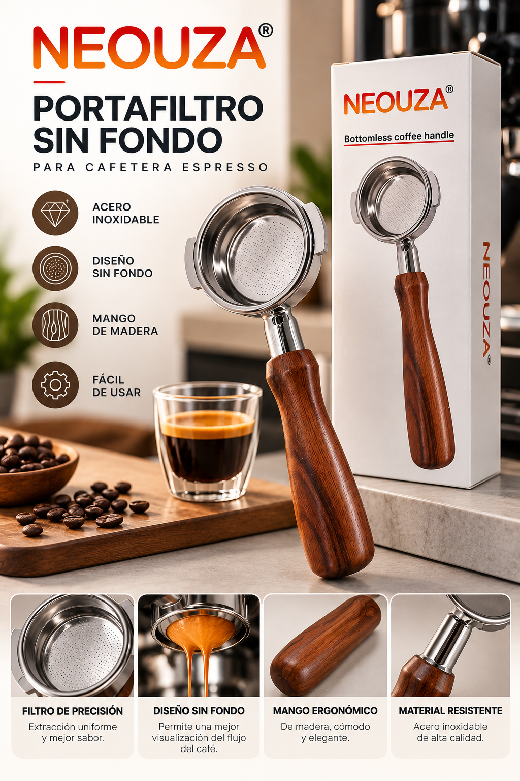 Portafiltro Sin Fondo NEOUZA para Cafetera Espresso – Acero Inoxidable con Mango de Madera