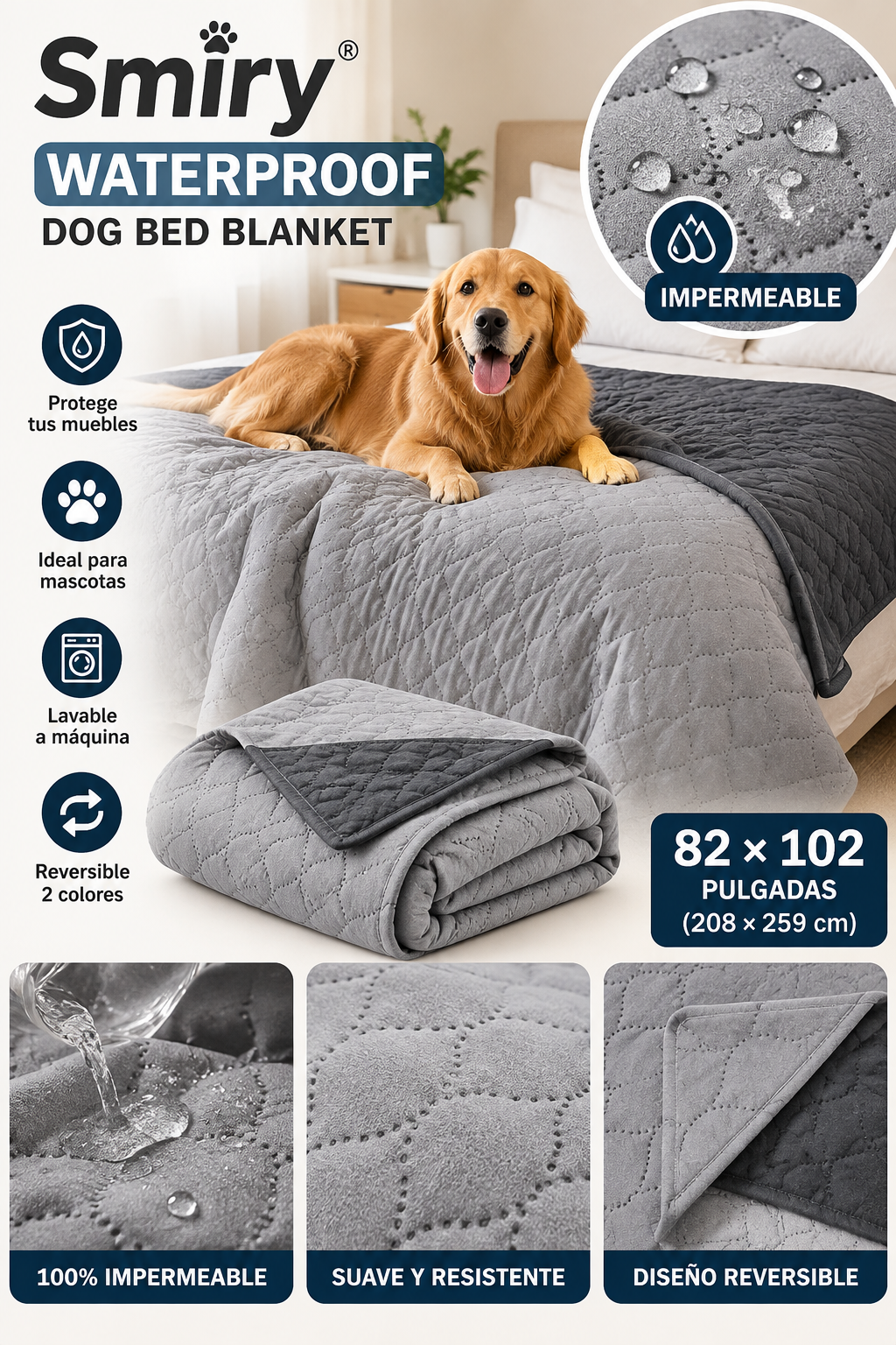 Manta Impermeable Smiry para Mascotas – Reversible 82" x 102"