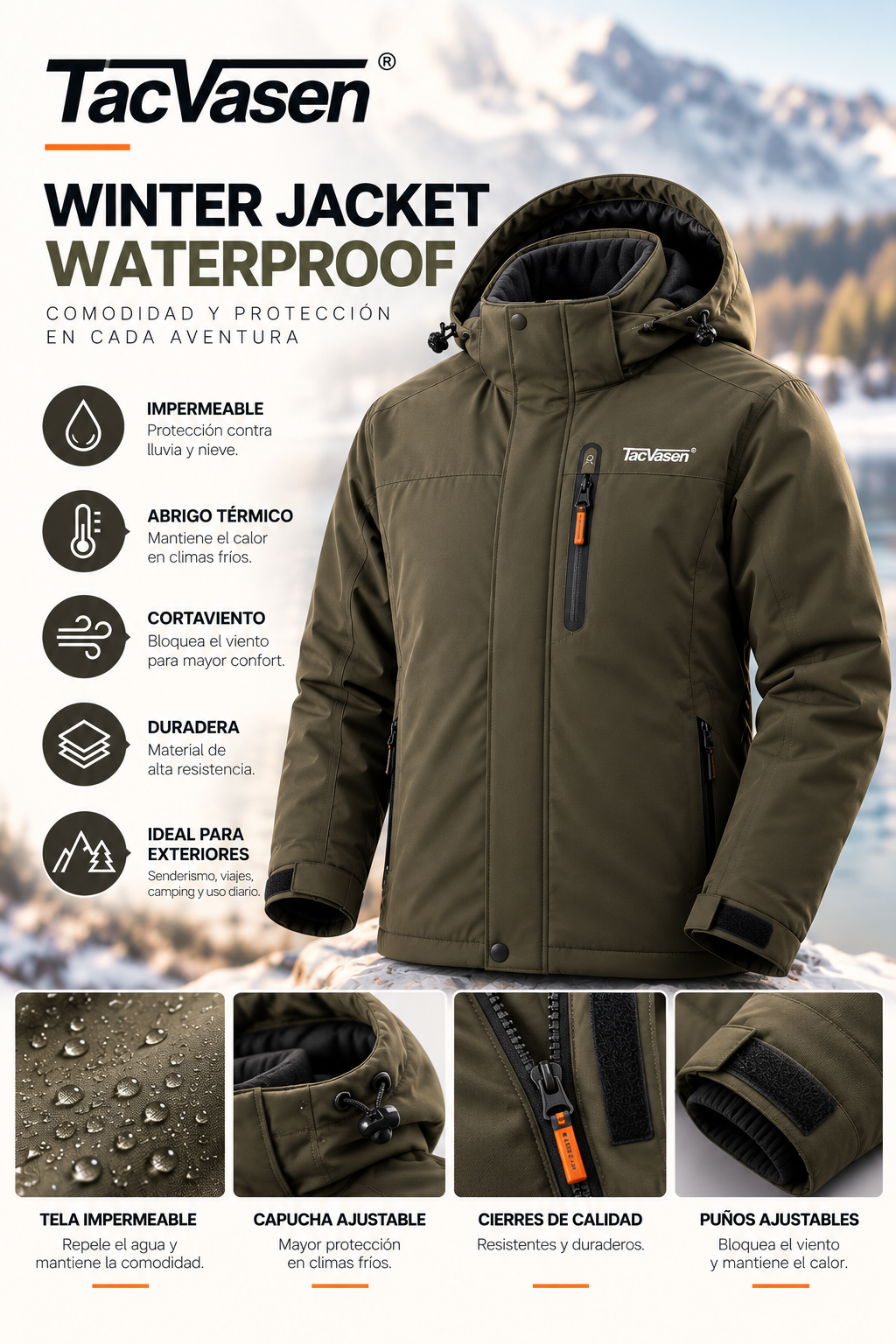 Chaqueta de Invierno Impermeable TacVasen para Hombre – Winter Waterproof Jacket, Abrigo Deportivo para Climas Fríos