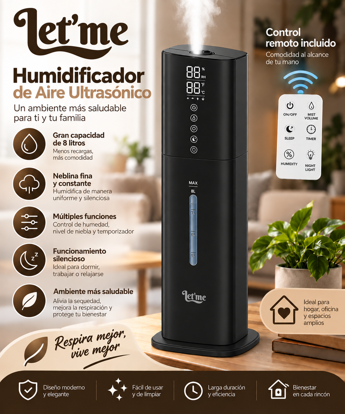Humidificador Let'me H785 de 8 Litros con Control Remoto y Pantalla Digital