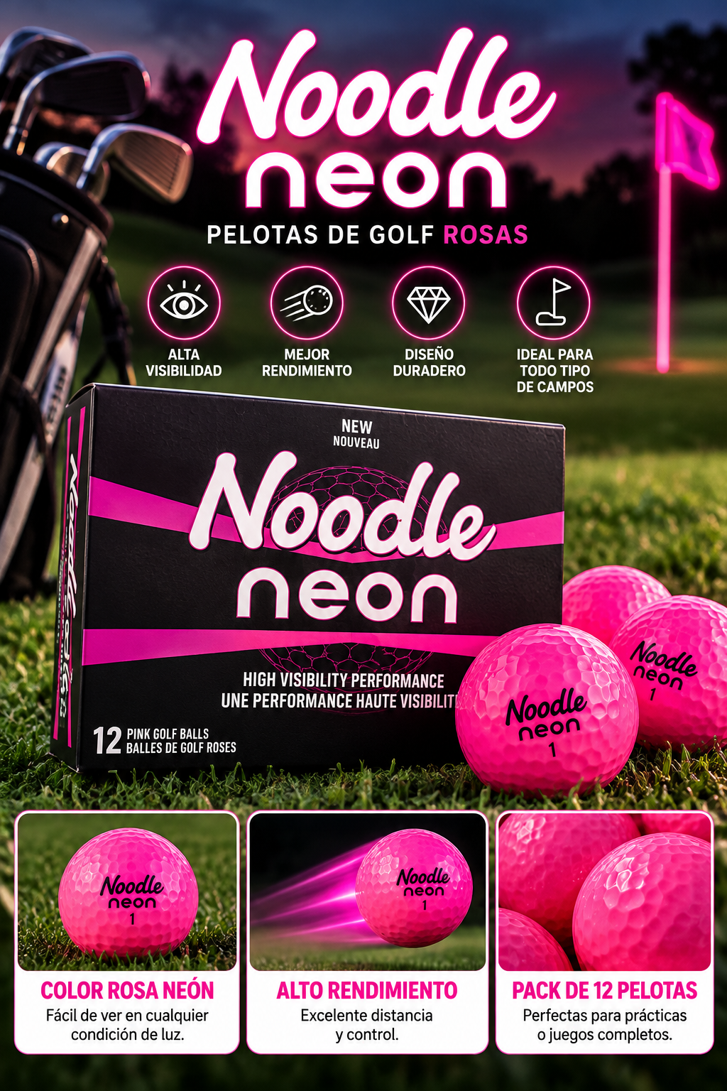 Pelotas de Golf Noodle Neon Rosadas – Caja de 12 Unidades de Alta Visibilidad