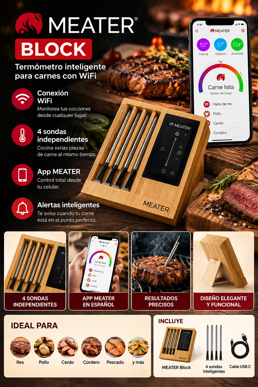MEATER Block – Termómetro Inteligente Inalámbrico para Carnes con 4 Sondas, Conexión WiFi y Control desde el Celular