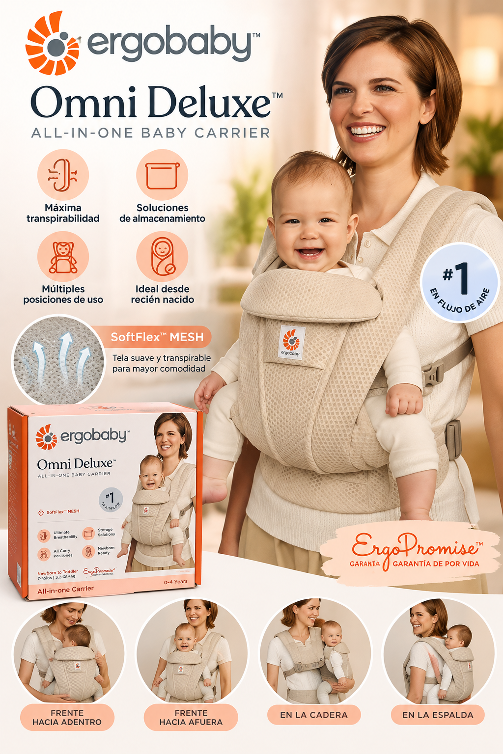 Ergobaby Omni Deluxe SoftFlex Mesh – Portabebés Ergonómico 4 en 1, Transpirable y Ajustable | Color Beige