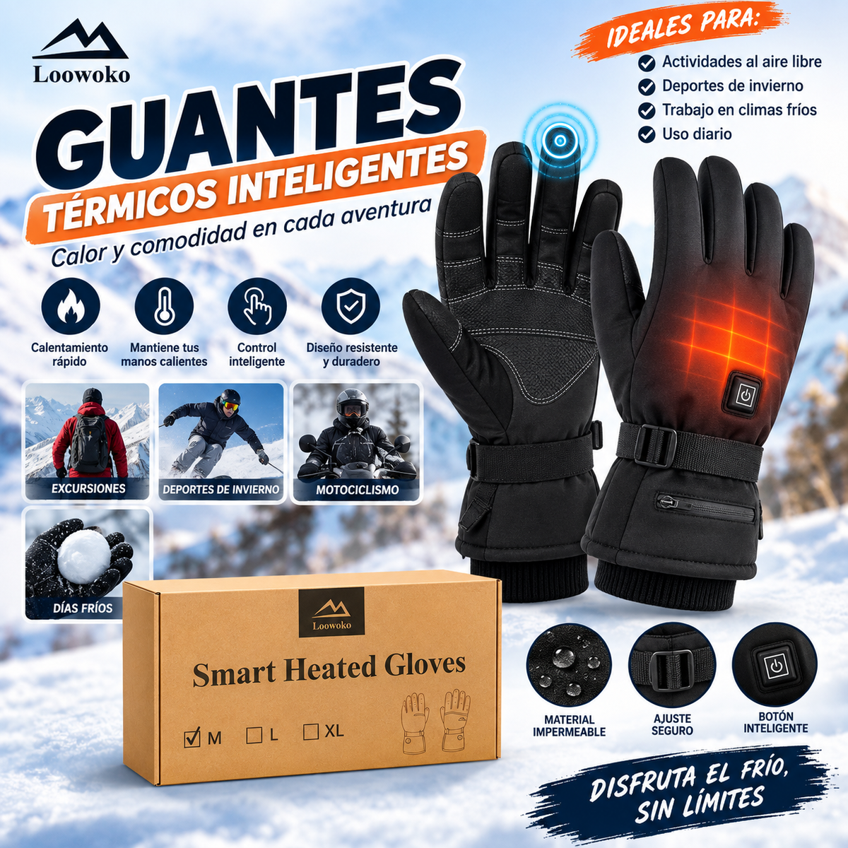 Guantes inteligentes calefactables recargables Loowoko – Impermeables para frío y deportes de invierno