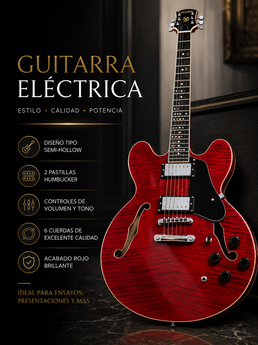 Guitarra eléctrica semi-hollow roja – 2 humbuckers