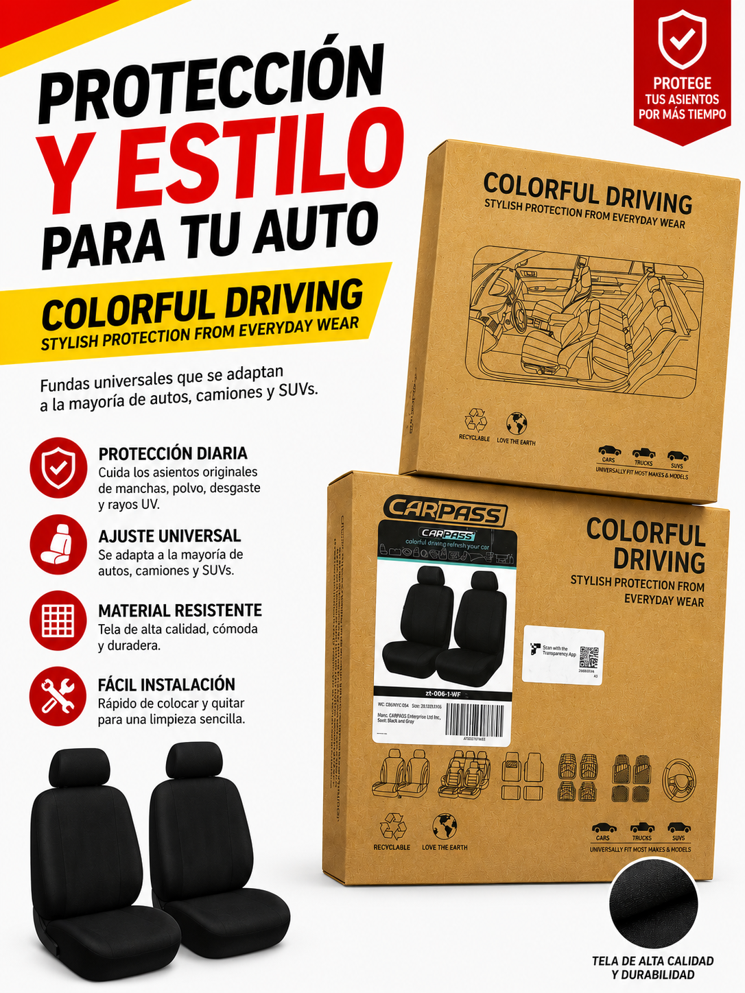 Juego de Fundas Universales para Asientos de Auto CARPASS – Color Negro