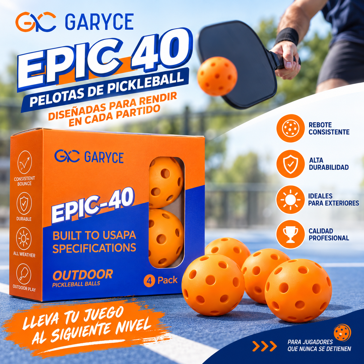 Pelotas de Pickleball GARYCE EPIC-40 para Exterior – Pack de 4