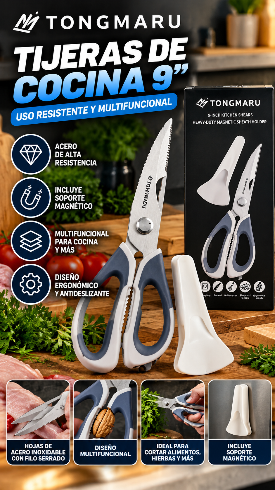 Tijeras de Cocina Multifuncionales TONGMAU de 9 Pulgadas con Funda Magnética