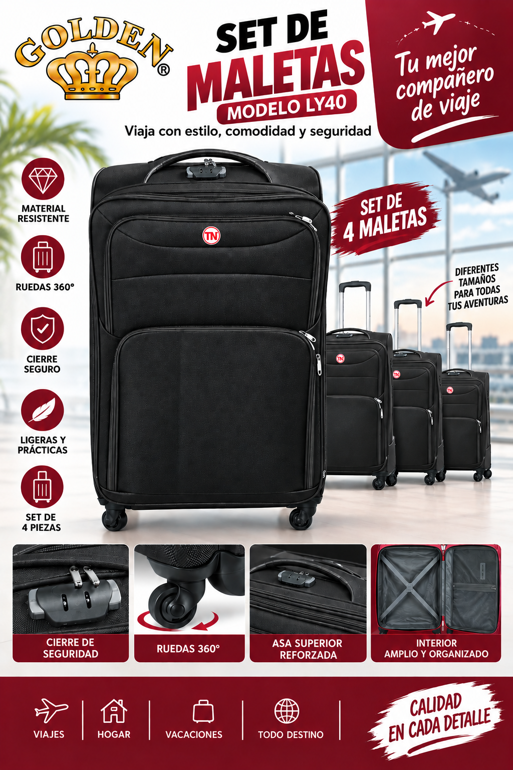 Maleta De Viaje GOLDEN LY40 Con Ruedas Y Bolsillos Frontales