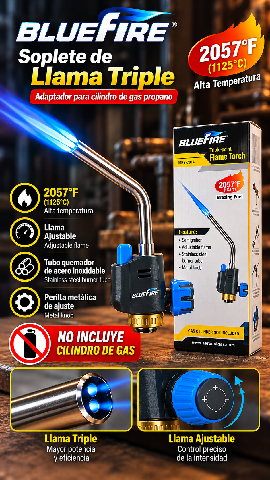 Cabezal de Soplete BLUEFIRE de Llama Triple – Encendido Automático y Llama Ajustable para Gas Propano (Sin Cilindro)