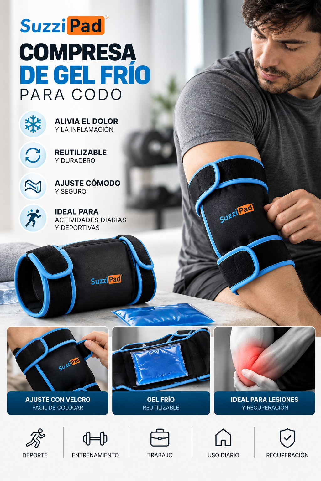 Compresa de Gel Frío para Codo SuzziPad – Codera Reutilizable con Ajuste de Velcro para Terapia de Frío