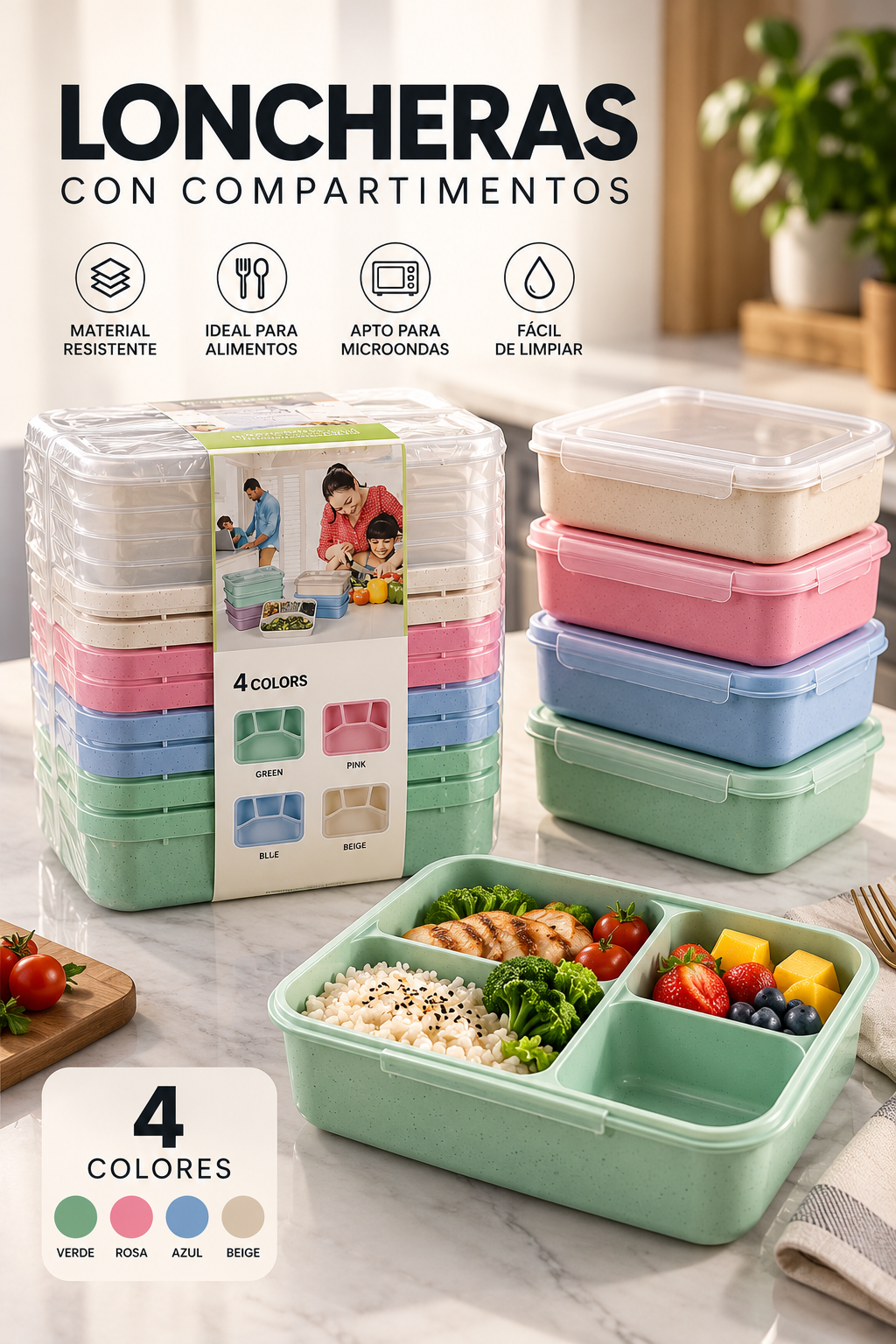 Set de Loncheras con Compartimentos en 4 Colores – Recipientes para Alimentos con Tapa
