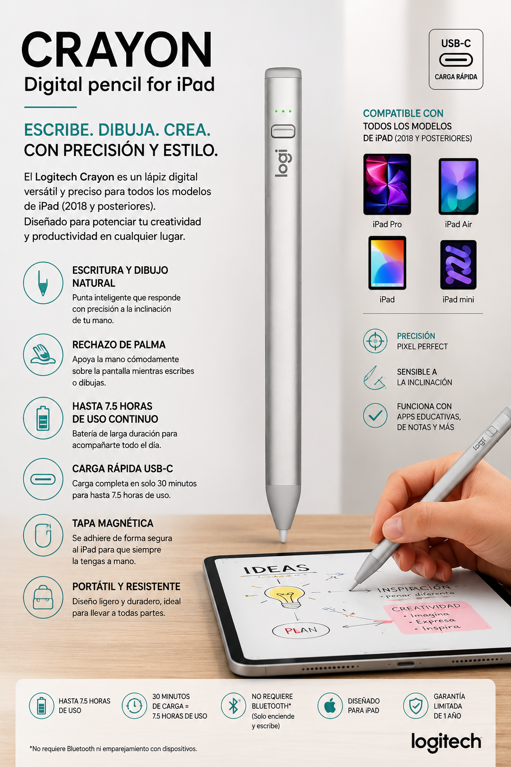 Logitech Crayon USB-C – Lápiz digital para iPad