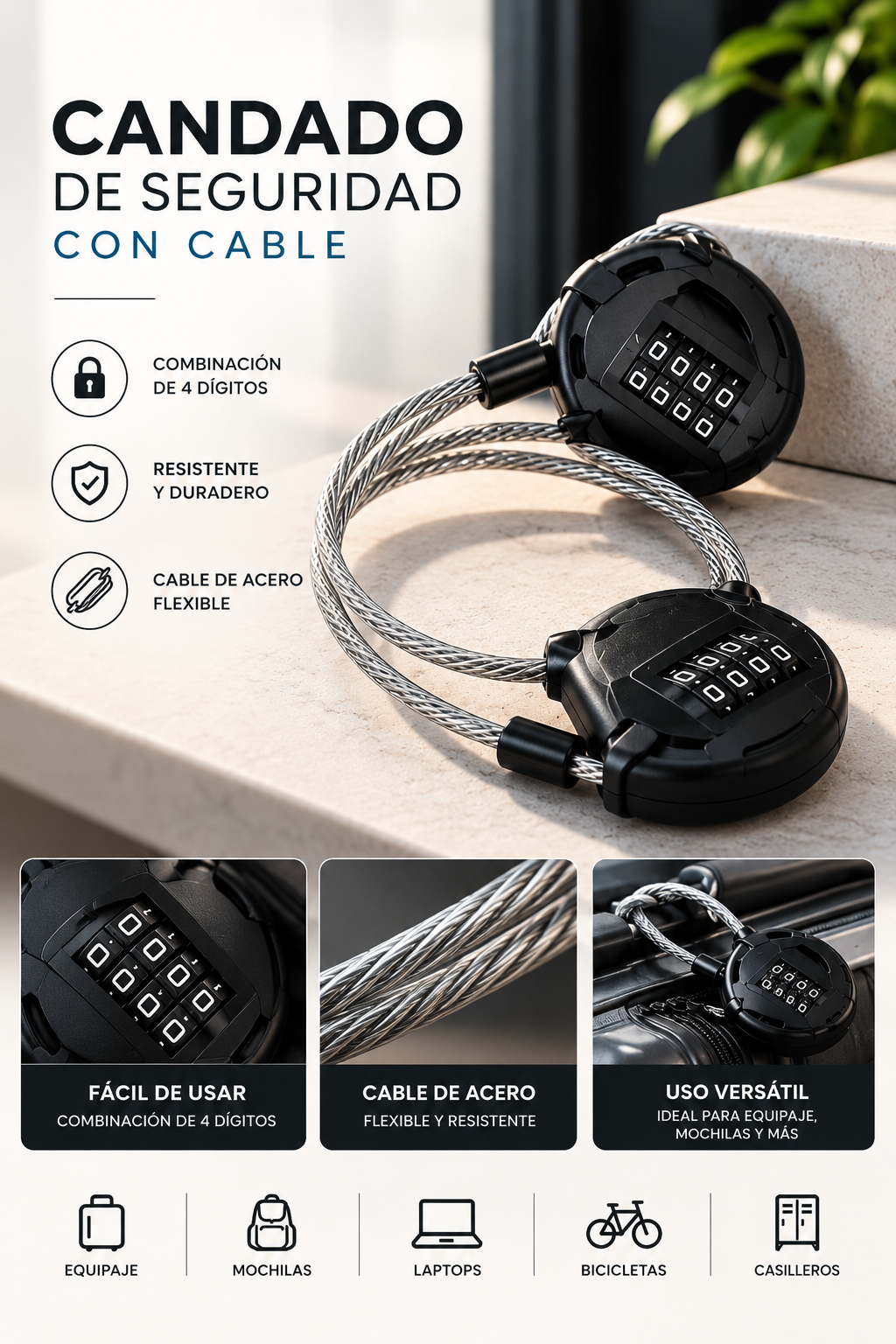 Candado de Seguridad con Cable de Acero y Combinación de 4 Dígitos – Ideal para Equipaje, Mochilas y Accesorios