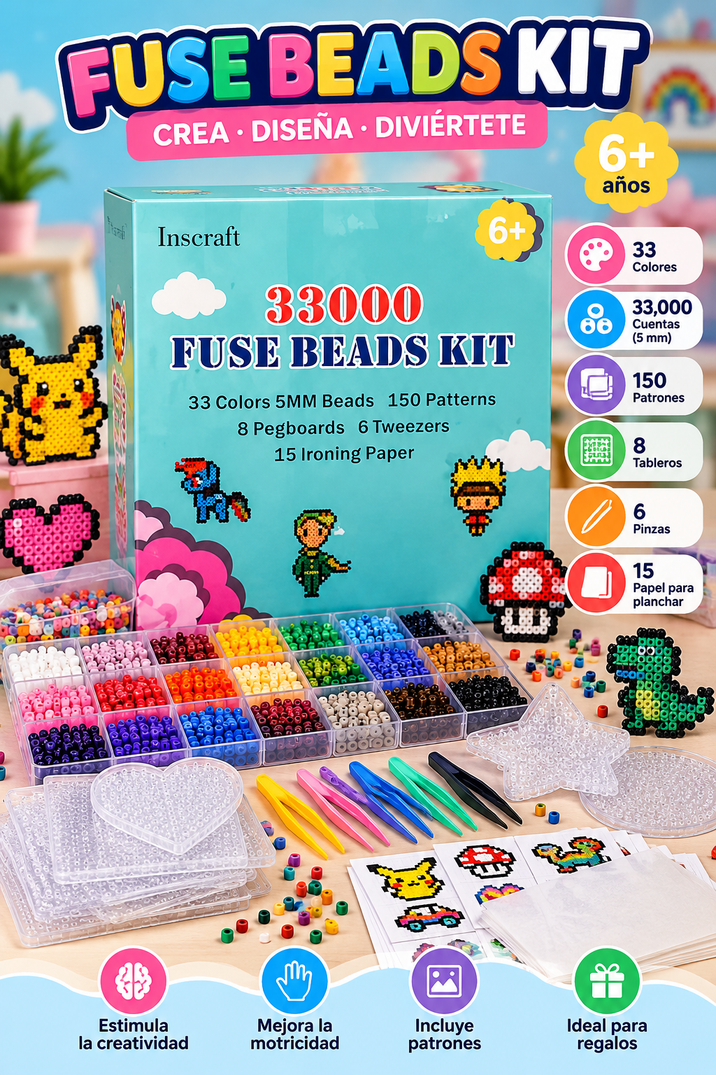 Kit de 33.000 Perlas para Planchar Inscraft – 33 Colores, 150 Diseños y Accesorios para Manualidades