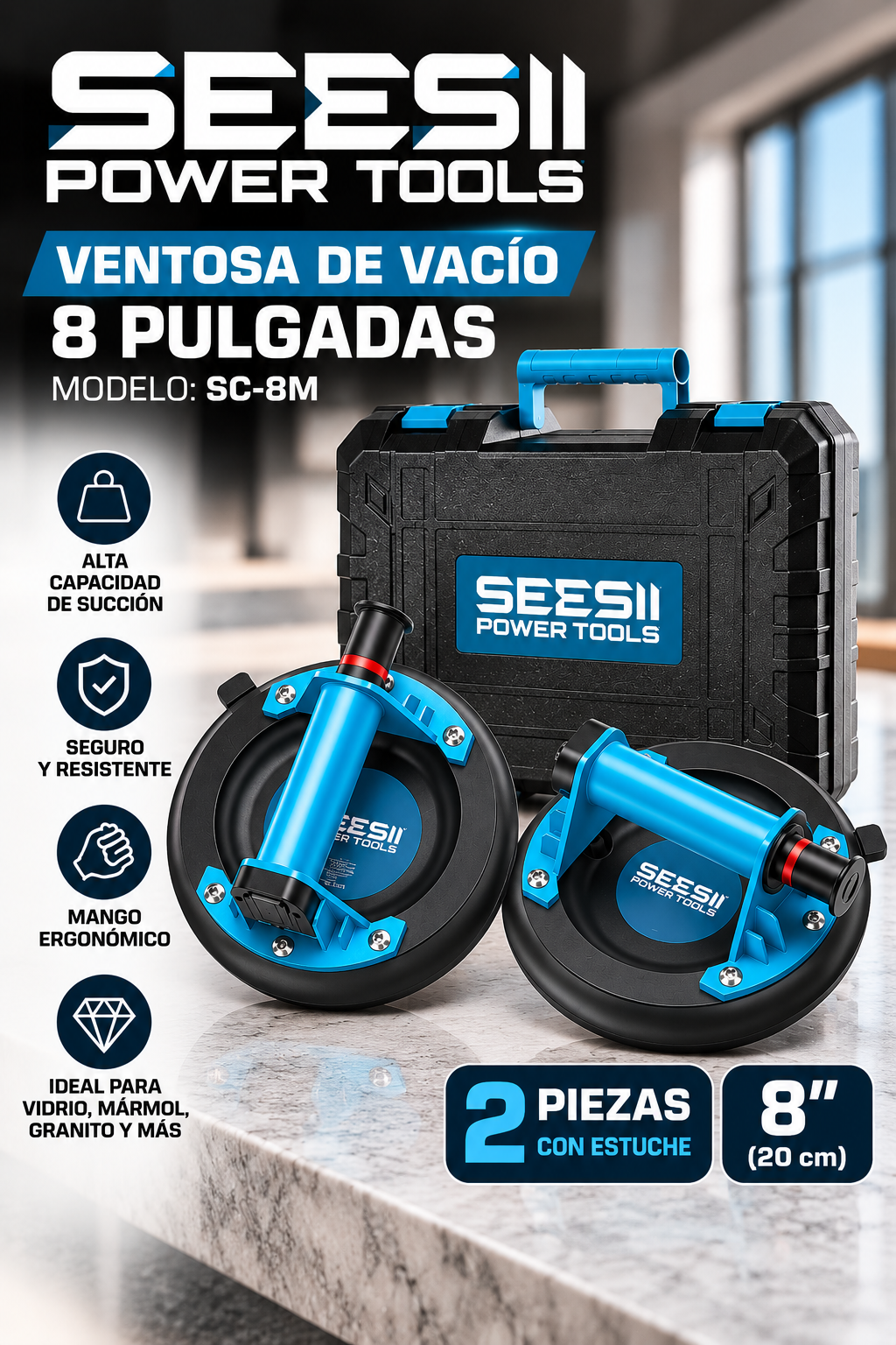 Ventosas de Vacío Profesionales SeeSii SC-8M de 8” – Set de 2 con Estuche