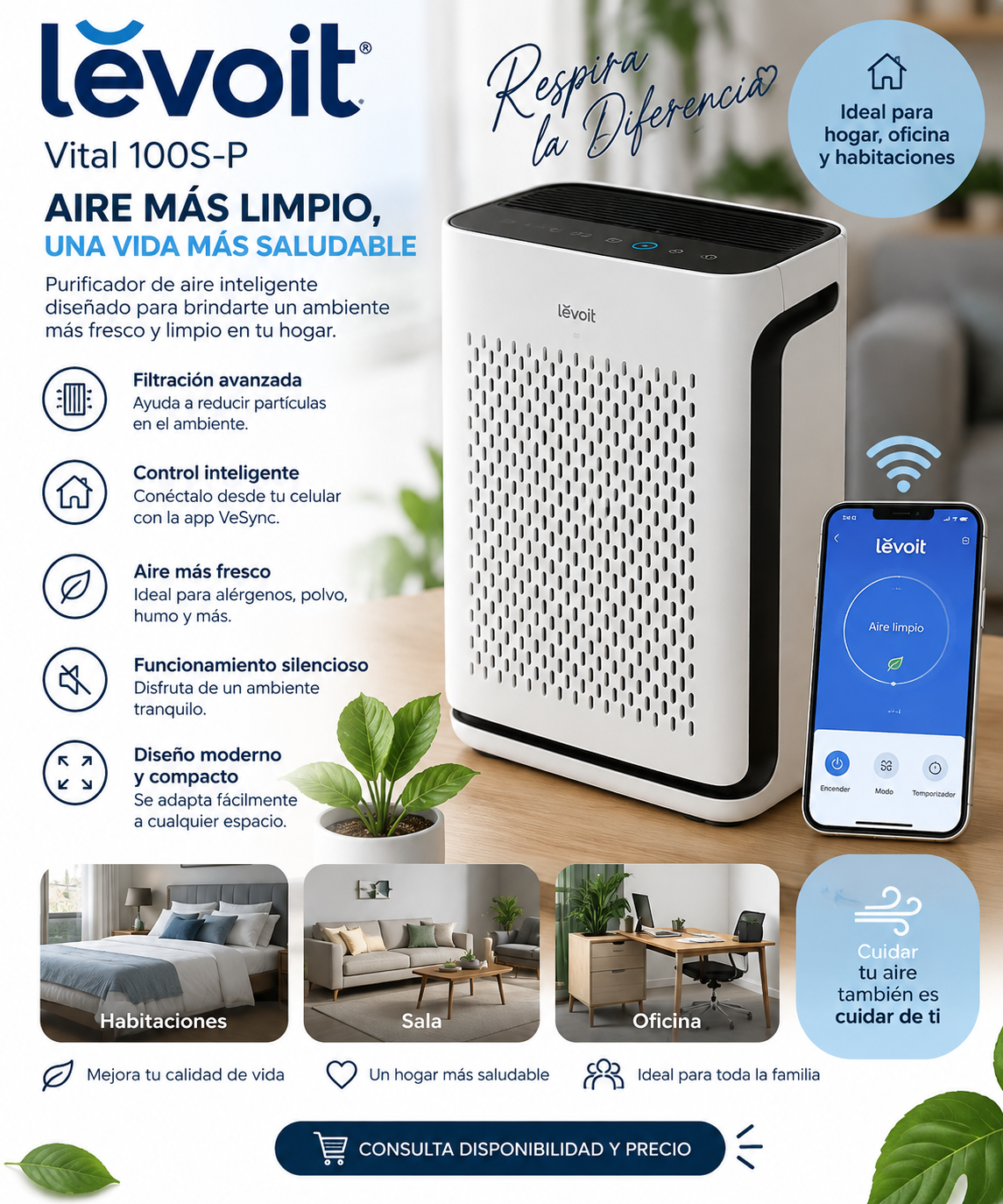 Purificador de aire inteligente LEVOIT Vital 100S-P con control WiFi
