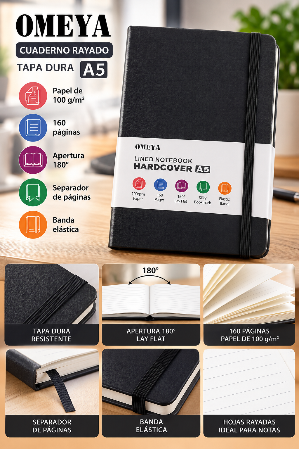 OMEYA Cuaderno Ejecutivo A5 de Tapa Dura – 160 Páginas Rayadas | Papel Premium de 100 g/m² | Libreta Negra con Banda Elástica y Separador
