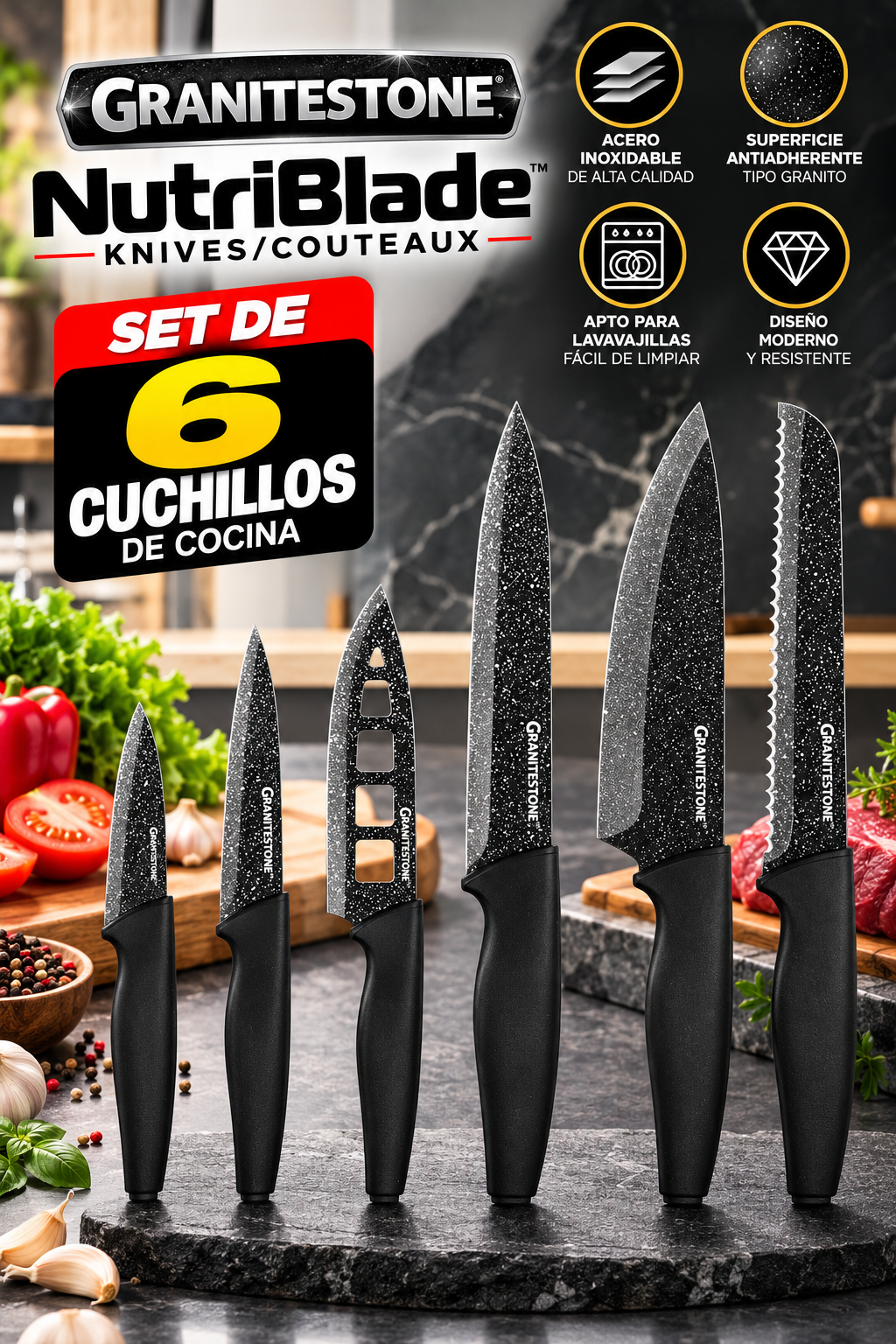 Juego de 6 Cuchillos de Cocina GRANITESTONE NutriBlade de Acero Inoxidable con Revestimiento Antiadherente Tipo Granito y Mangos Ergonómicos