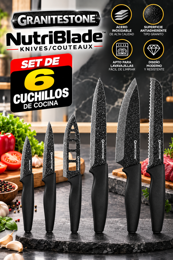Juego de 6 Cuchillos de Cocina GRANITESTONE NutriBlade de Acero Inoxidable con Revestimiento Antiadherente Tipo Granito y Mangos Ergonómicos