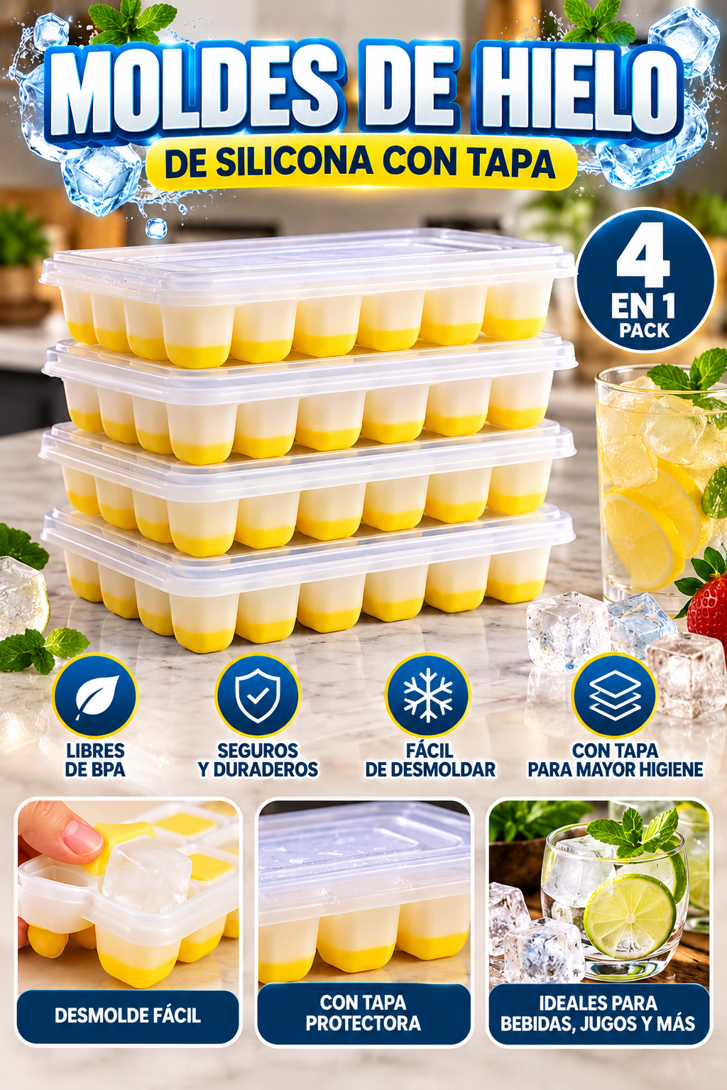 Pack de 4 Moldes de Hielo de Silicona con Tapa – Fácil Desmolde