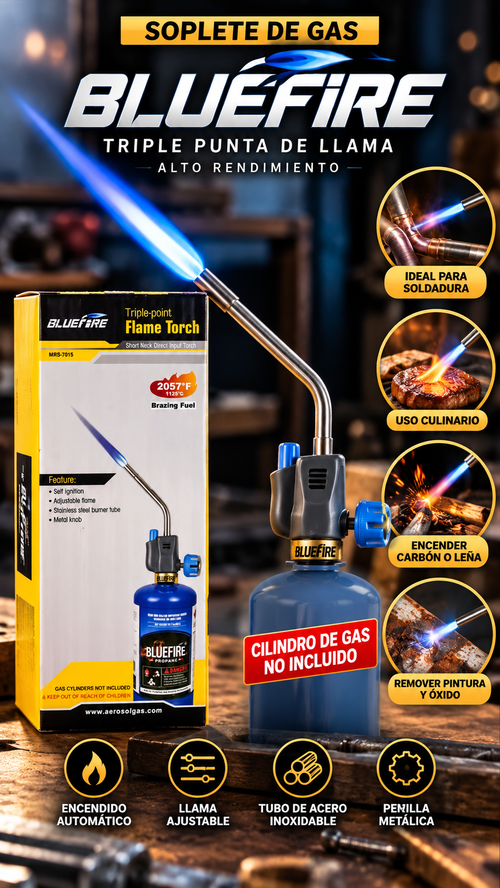 Soplete de Gas MINI BLUEFIRE MRS-7015 – Encendido Automático, Llama Ajustable y Punta de Acero Inoxidable