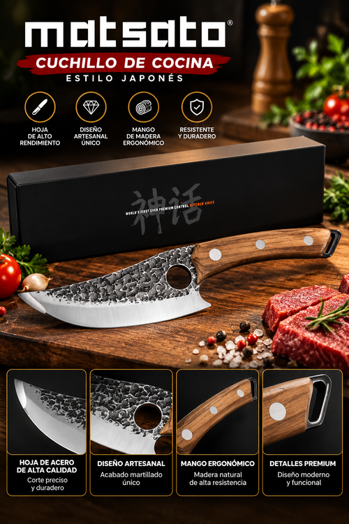 Cuchillo de Cocina MATSATO Estilo Japonés con Hoja Martillada, Mango de Madera Ergonómico y Caja de Presentación