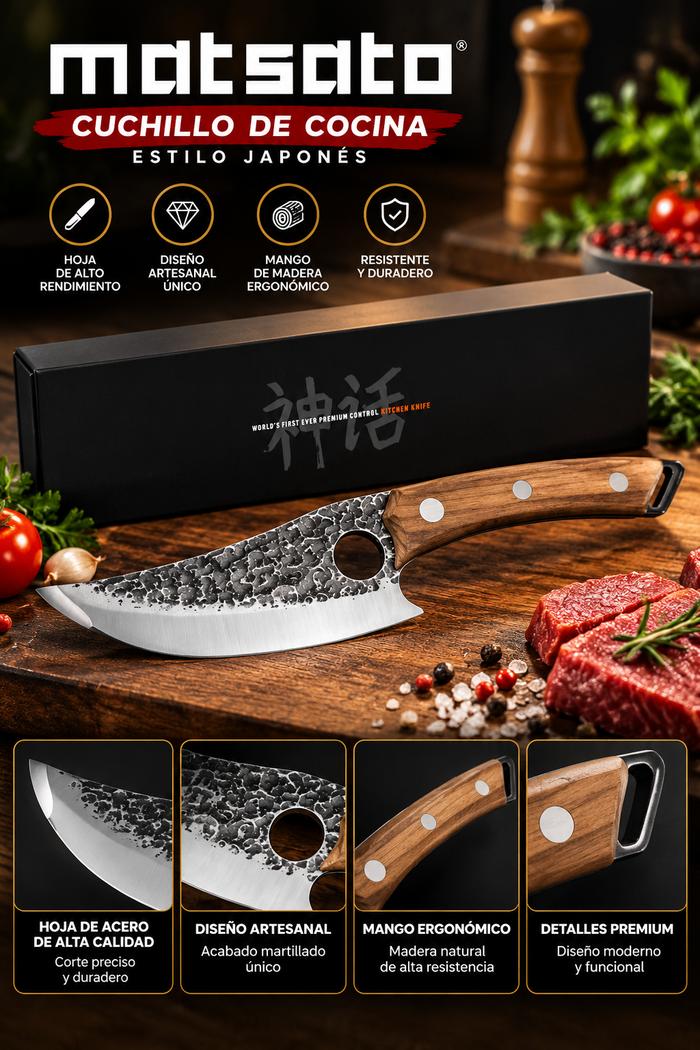 Cuchillo de Cocina MATSATO Estilo Japonés con Hoja Martillada, Mango de Madera Ergonómico y Caja de Presentación