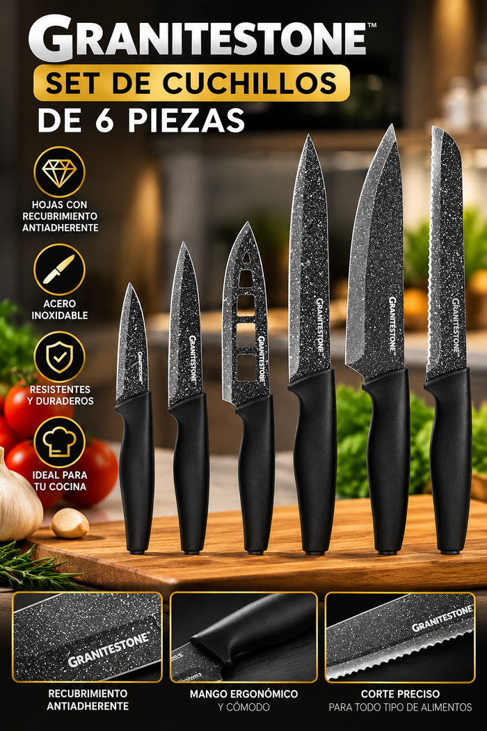 Juego de 6 Cuchillos de Cocina GRANITESTONE NutriBlade de Acero Inoxidable con Revestimiento Antiadherente Tipo Granito y Mangos Ergonómicos