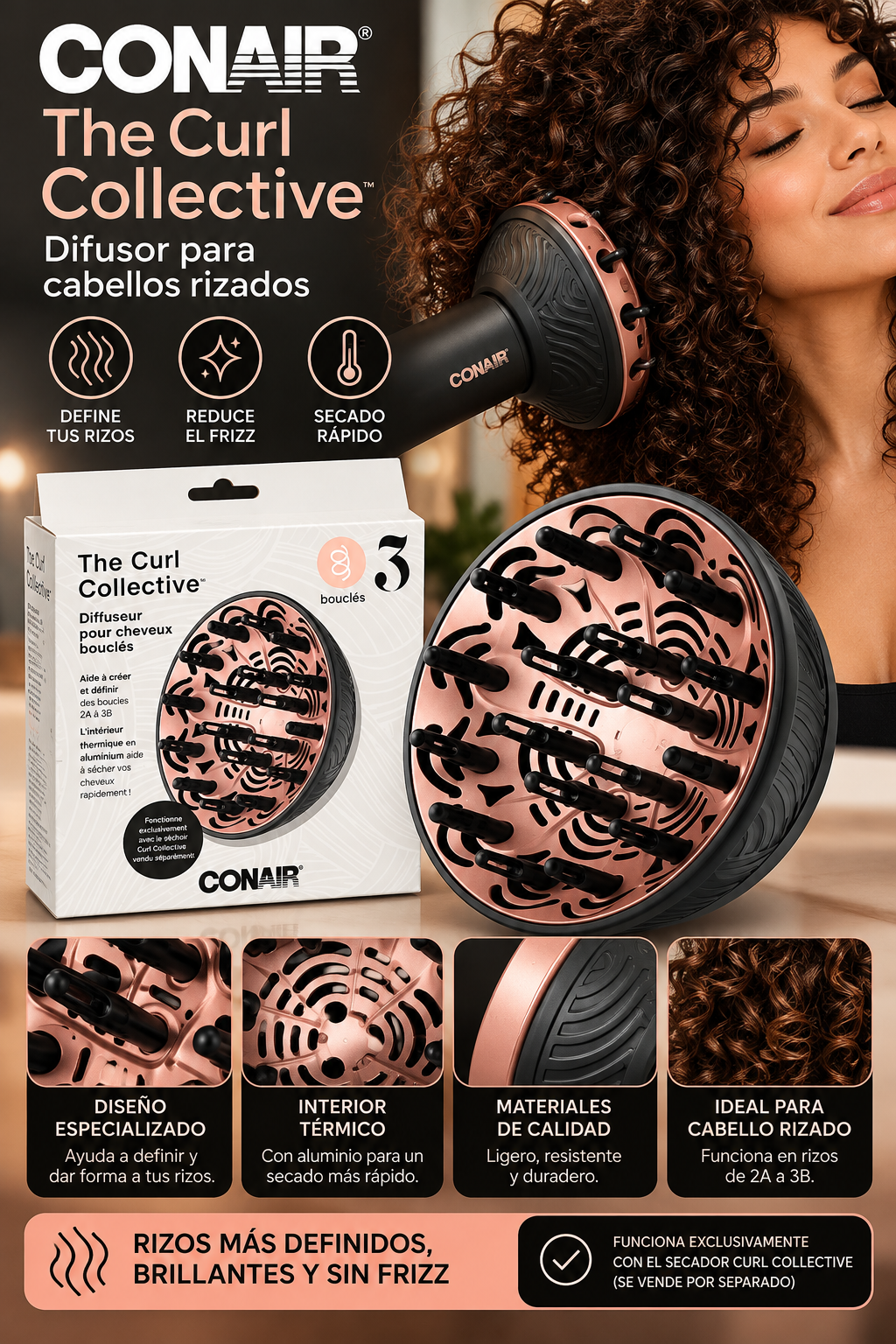 CONAIR The Curl Collective –(ADAPTADOR) Difusor para Cabello Rizado y Ondulado | Define Rizos 2A a 3B | Tecnología Térmica de Aluminio