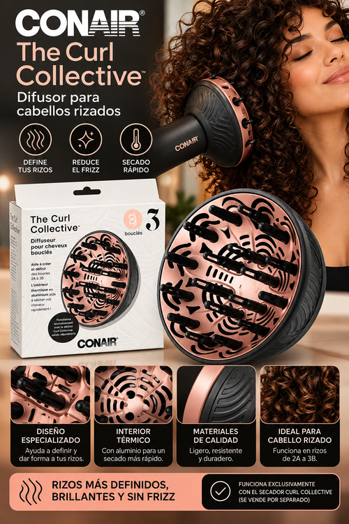 CONAIR The Curl Collective –(ADAPTADOR) Difusor para Cabello Rizado y Ondulado | Define Rizos 2A a 3B | Tecnología Térmica de Aluminio