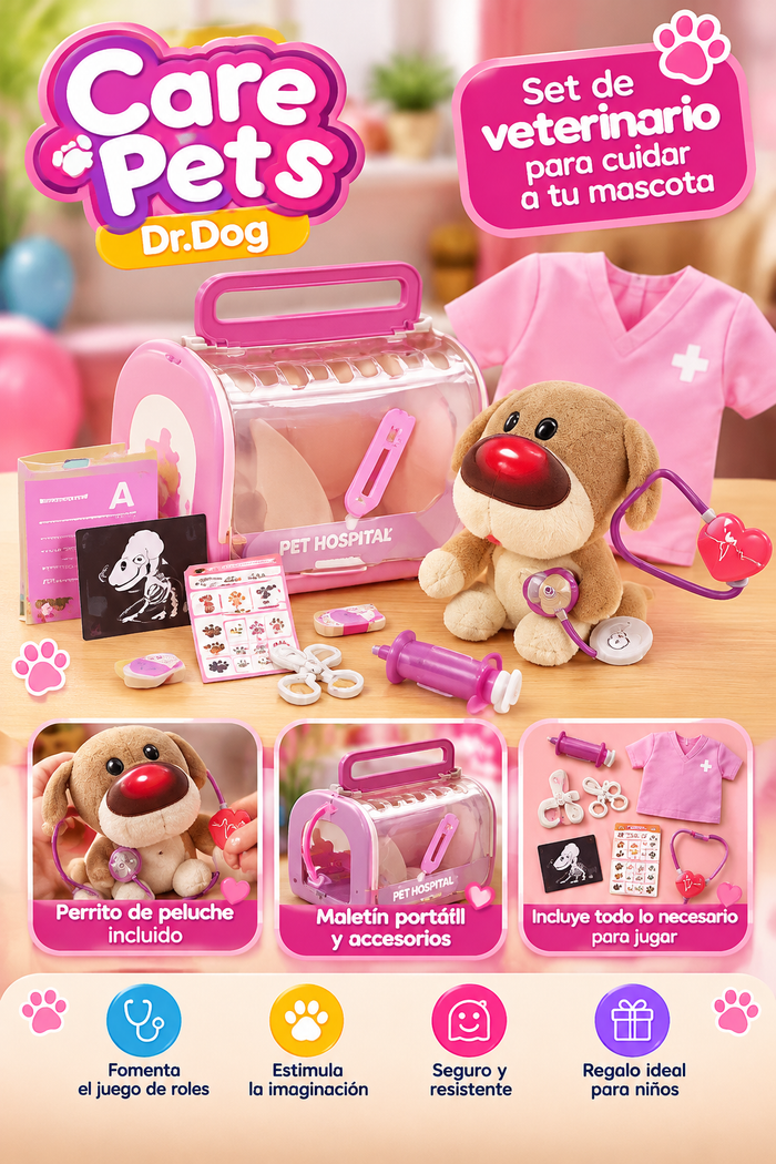 Set de Veterinario Infantil Care Pets Dr. Dog – Perrito de Peluche con Maletín y Accesorios Médicos de Juguete