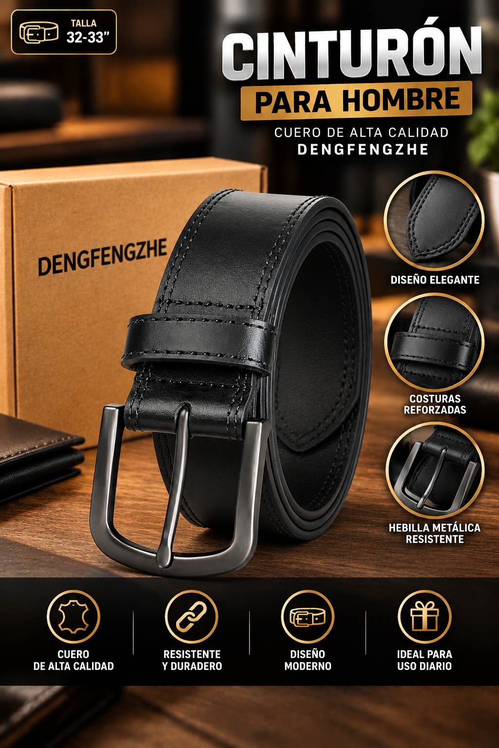 Cinturón de Cuero Negro DENGFENGZHE para Hombre con Hebilla Metálica y Costuras Reforzadas – Talla 32-33”