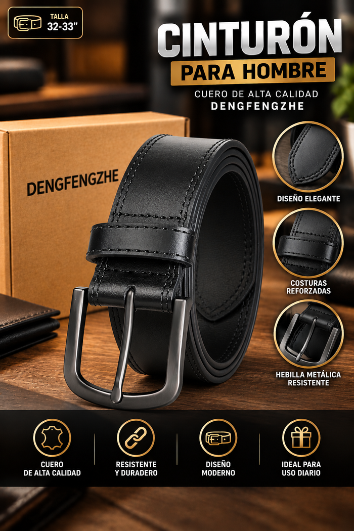 Cinturón de Cuero Negro DENGFENGZHE para Hombre con Hebilla Metálica y Costuras Reforzadas – Talla 32-33”