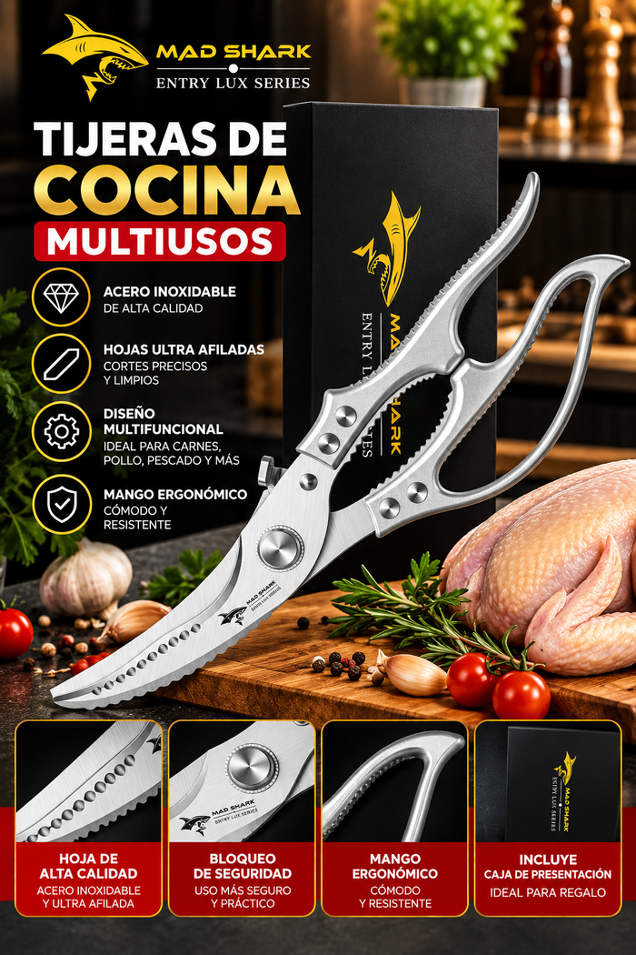 Tijeras de Cocina Multifuncionales MAD SHARK DL501 de Acero Inoxidable con Mango Ergonómico y Caja de Presentación