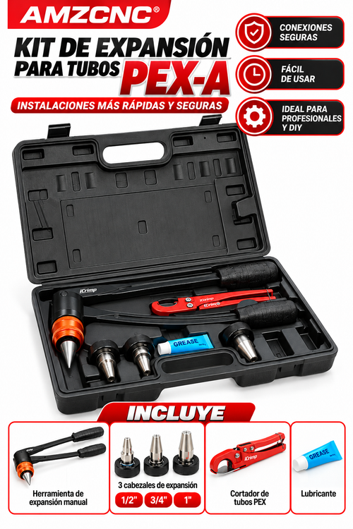 Kit de Expansión Manual para Tubos PEX-A AMZCNC – 1/2", 3/4" y 1" con Cortador y Maletín
