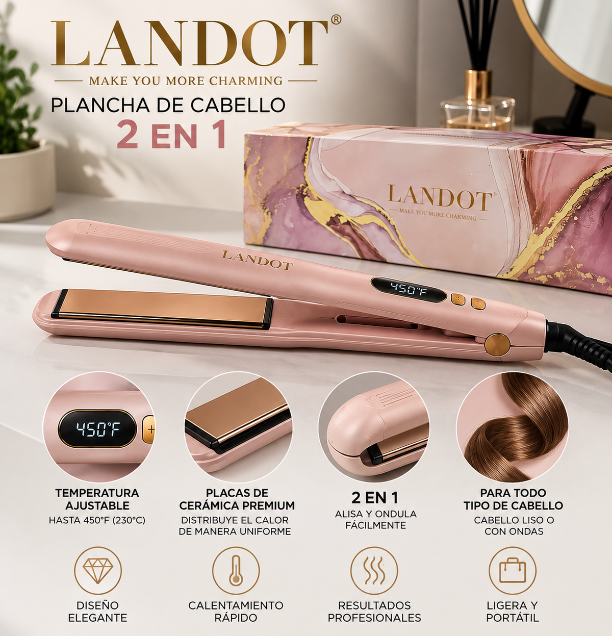 Plancha de Cabello LANDOT 2 en 1 – Alisadora y Rizadora con Temperatura Ajustable hasta 230 °C